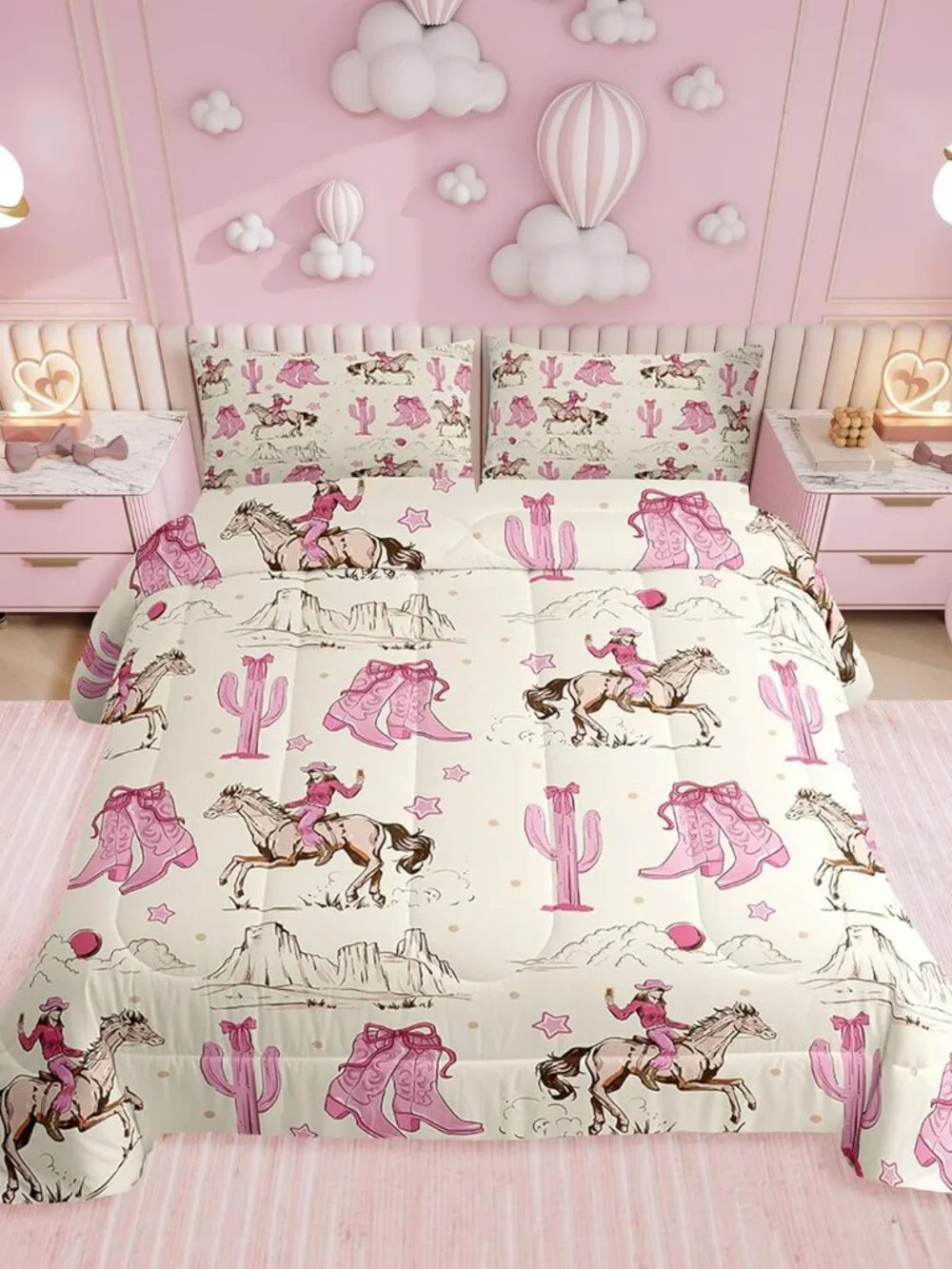Retro Western Horse Twin Comforter Set for Girls,Pink Cowgirl Boots and Bows Bed